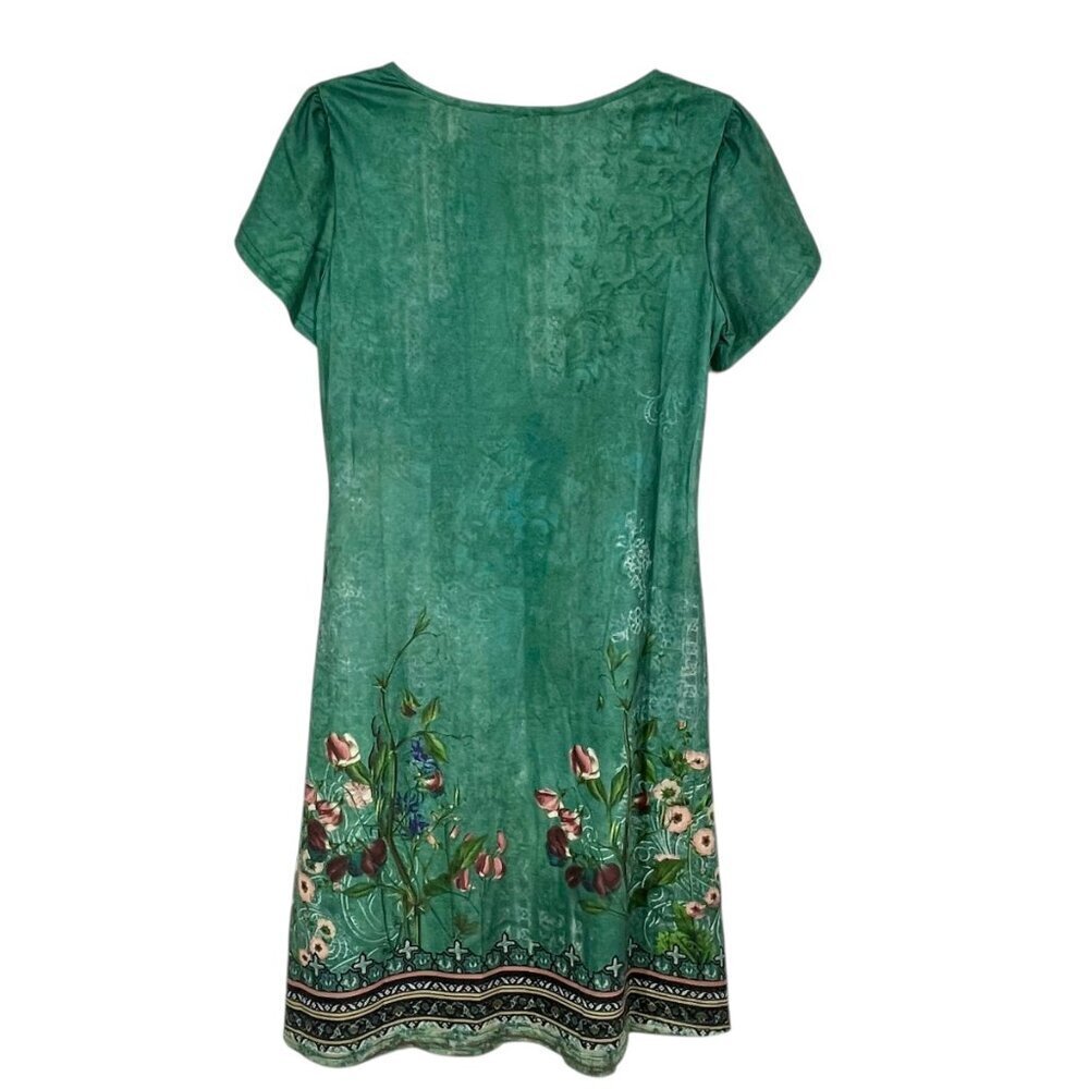 Hotouch Green Floral Fairycore Shift Dress Keyhole Neck Flutter Sleeves M - Picture 4 of 15
